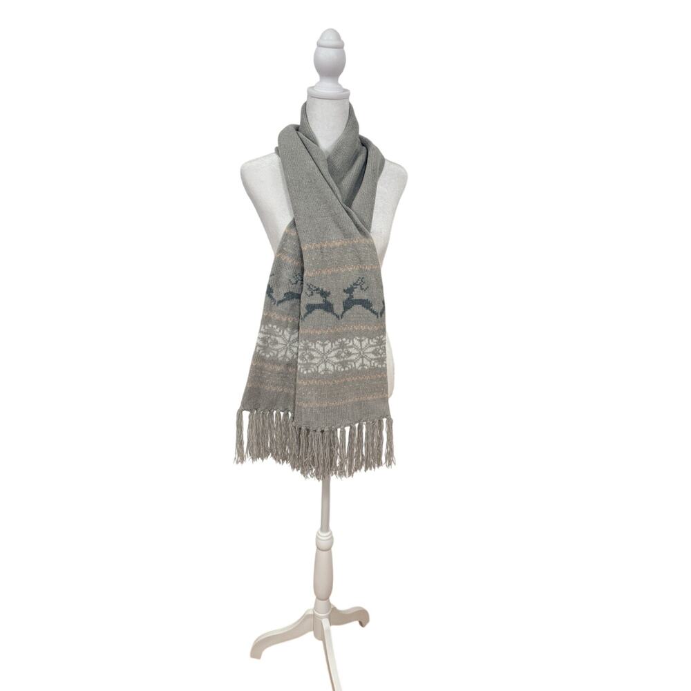 Grey Christmas-themed scarf featuring a reindeer and snowflake 68”L X 8” W